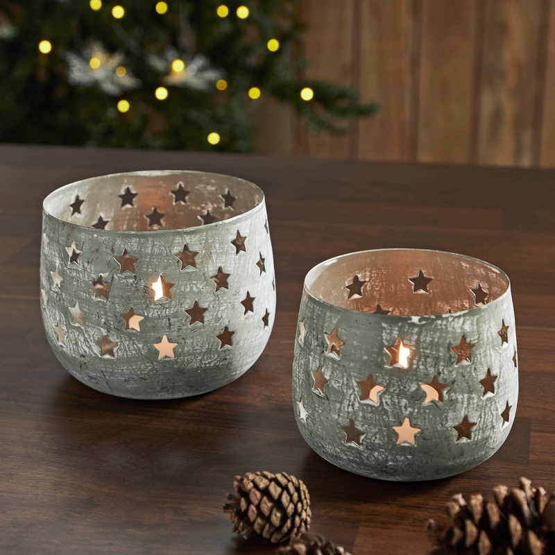 VHC Brands - Starbright Distressed Gray Metal Candle Holder Set of 2 - 3.54/4.13 inch