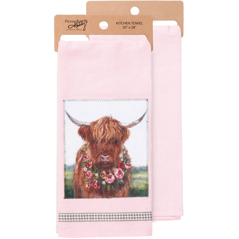 Floral Highland Cow Kitchen Towel Pink