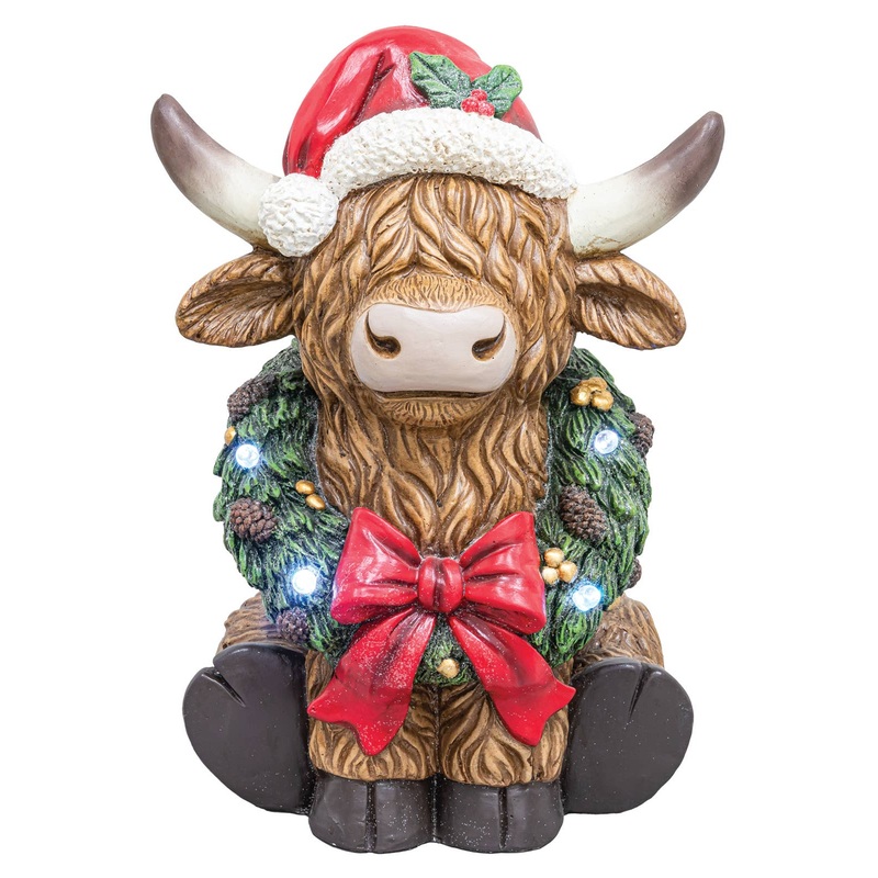 LARGE LIGHTED CHRISTMAS HIGHLAND COW WITH WREATH & HAT FIGURINE