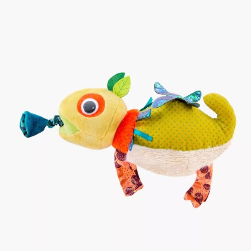 Moulin Roty Dans La Jungle Baby Senses Awakening Green Vibrating Chameleon, With Bell And Holographic Butterfly. 24cm Long