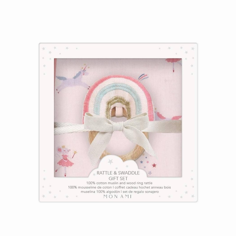 Mon Ami Chateau Magique Swaddle & Rainbow Rattle Gift Set