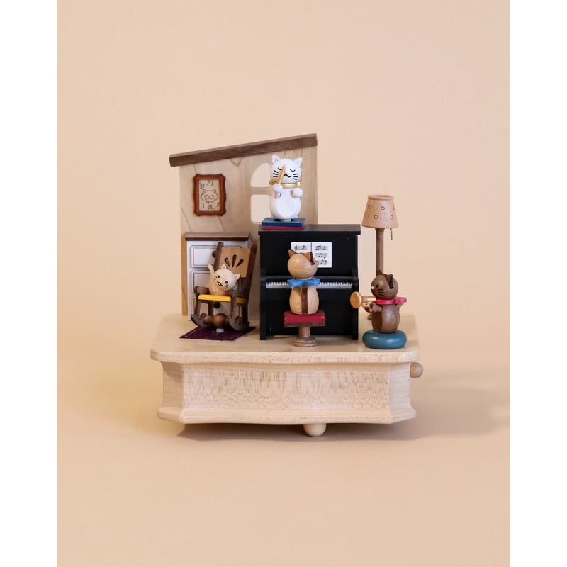 Wooden Cat Playing Piano Music Box