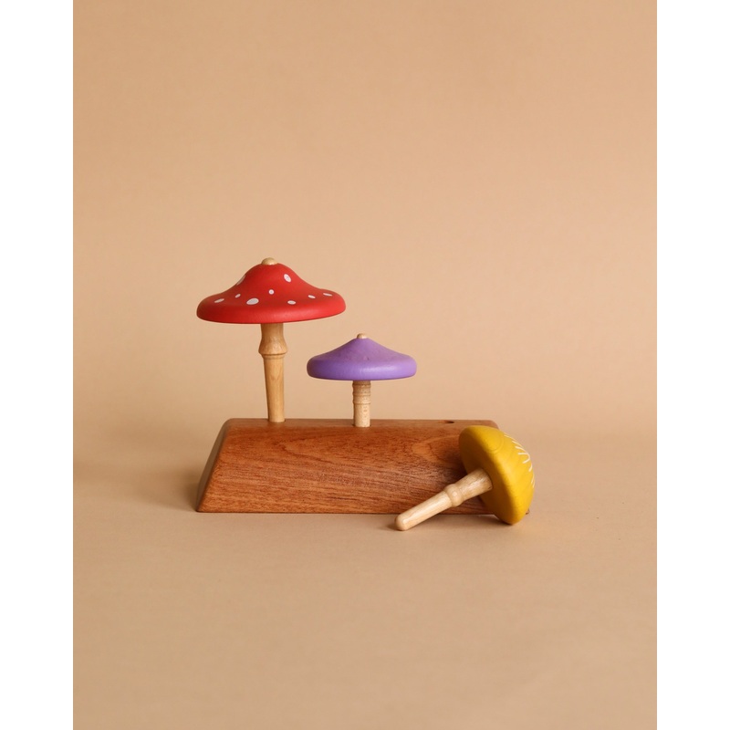 Wooden Mushroom Spinning Top Set
