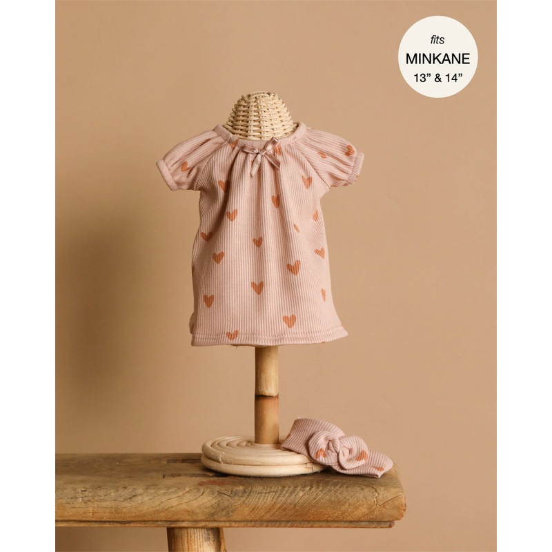 Minikane Doll Clothing | Sabrina Nightgown & Headband in Ribbed Cotton - Little Pink Hearts