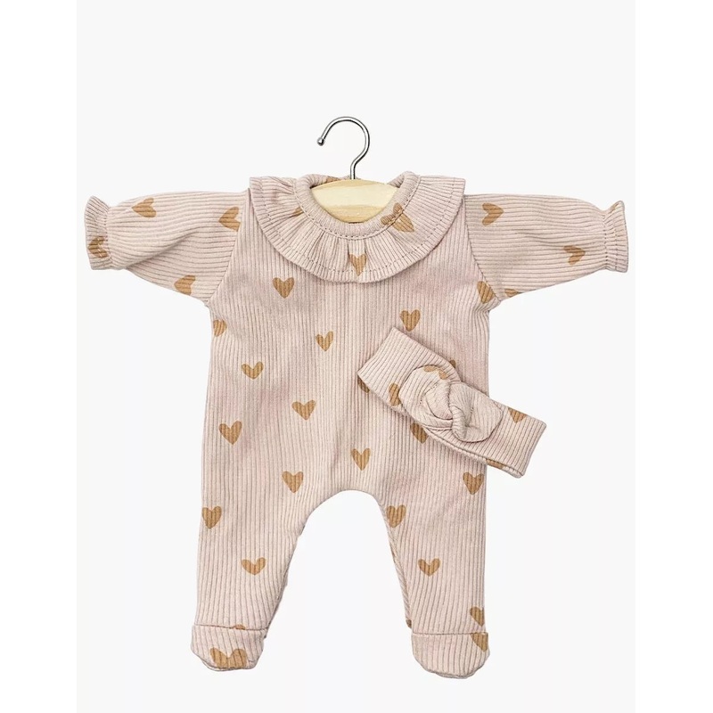 Minikane 11" Doll Clothing | Camille Onesie & Headband in Ribbed Cotton - Pink Hearts