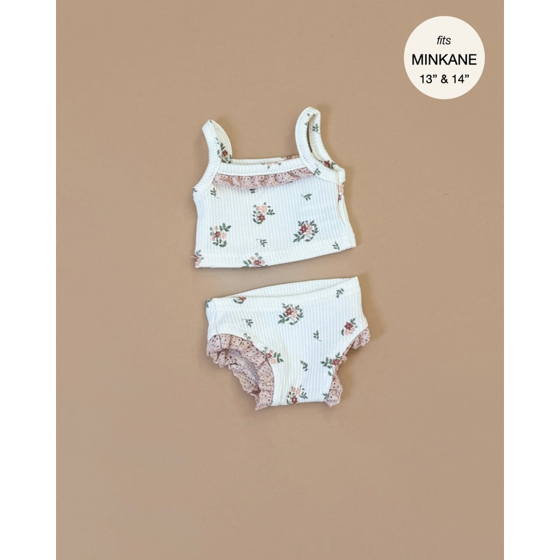 Minikane Doll Clothing | Les P'tits Basiques, 2-Piece Set in Ribbed Cotton - Pink Flowers